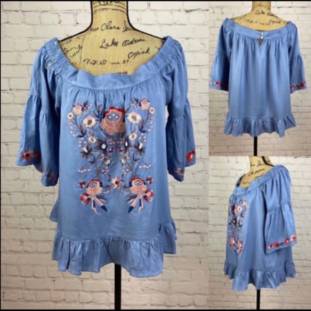Altar’d State Off Shoulder Embroidery Bell Sleeves Top